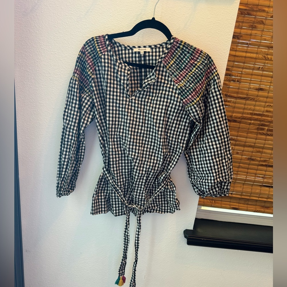 Madewell Blouse gingham with colorful stitching and tassel tie